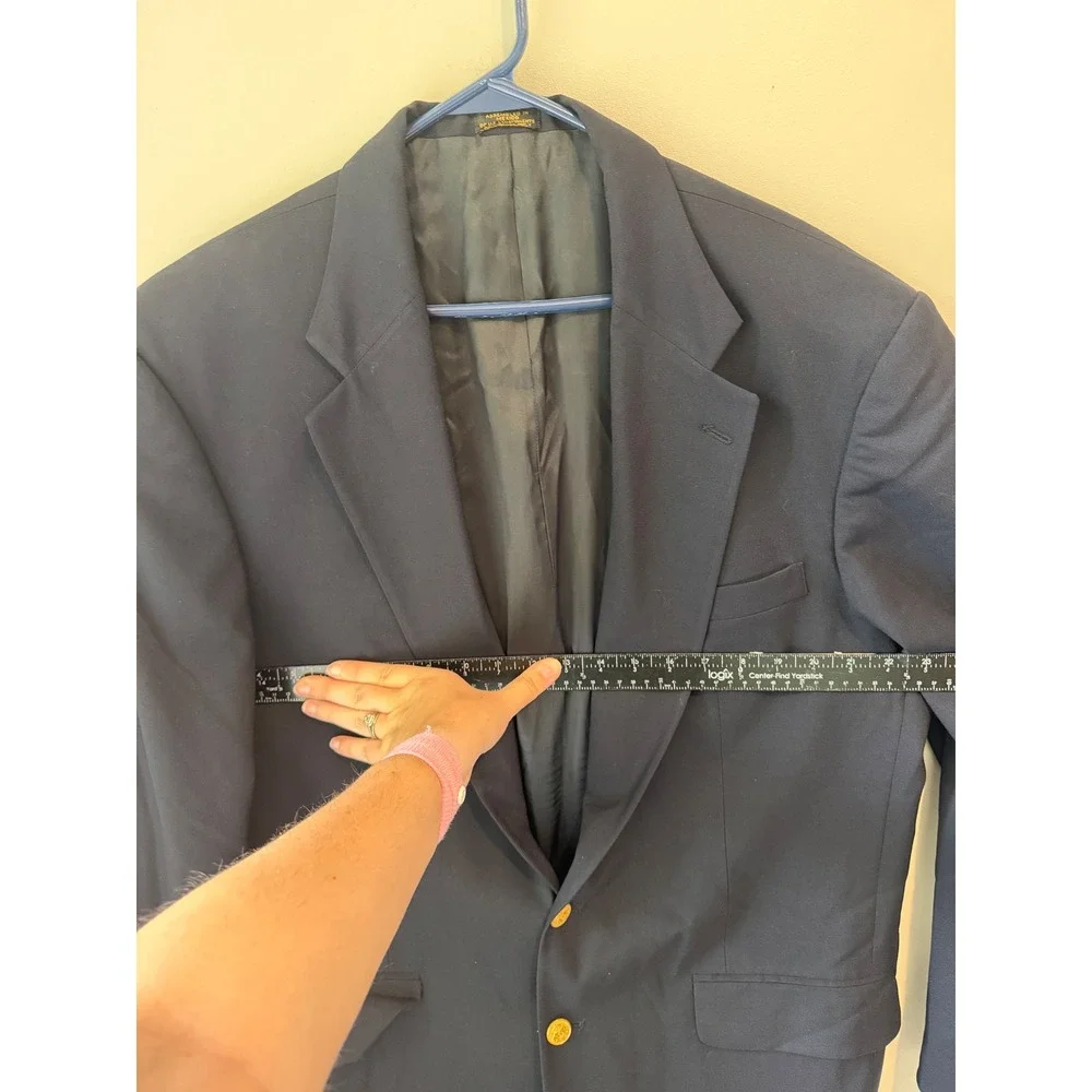 Deansgate Tailors Row‎ Mens 44L Navy Blue Worsted Wool Blazer Gold Crest Button